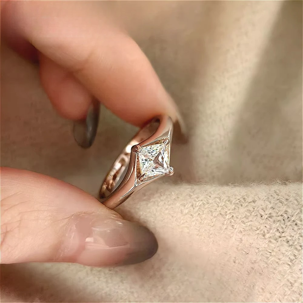 Exquisite 925 silver princess square star-shaped sequin daily fashion wear champagne gold wedding ring diamond ring
