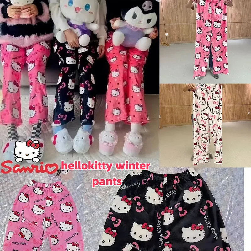 

Зимние пижамы Sanrio, Hello Kitty, фланелевые модные брюки на Хэллоуин, женские кавайные шерстяные аниме Мультяшные повседневные домашние брюки на осень