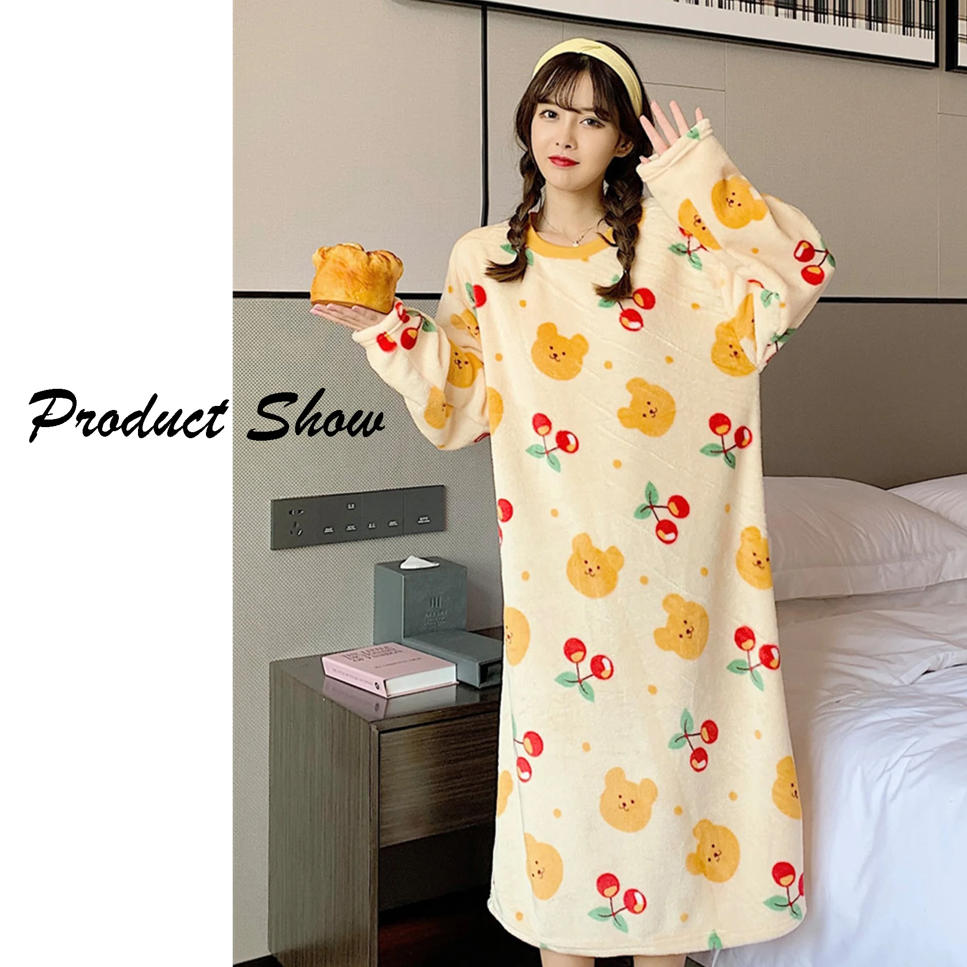 Women Large Size Autumn and Winter Flannel Thickened Warm Nightgown Female Sweet Loose Cartoon Pajamas Fat Medium-Length Models