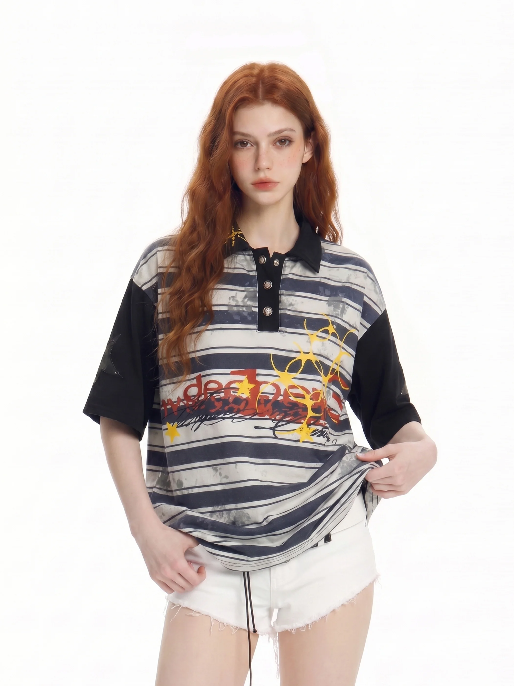 

American Style Casual Stripe Shirt Women Loose All-Match T-shirt Summer Breathable Cotton Polyester Blend Beer Captain