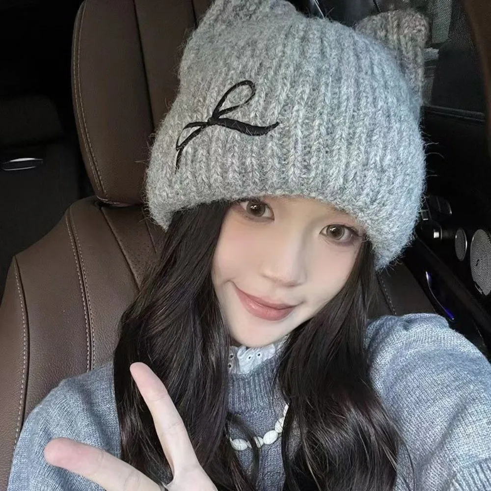 Fashion Cat Ear Beanie Cap Windproof Thickened Knitted Woolen Hat Solid Color Winter Warm Crochet Hat