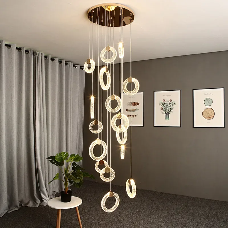 New Circular Crystal Staircase LED Chandelier Modern Luxury Villa Living Room Long Chandelier Home Decoration Lighting Fixture