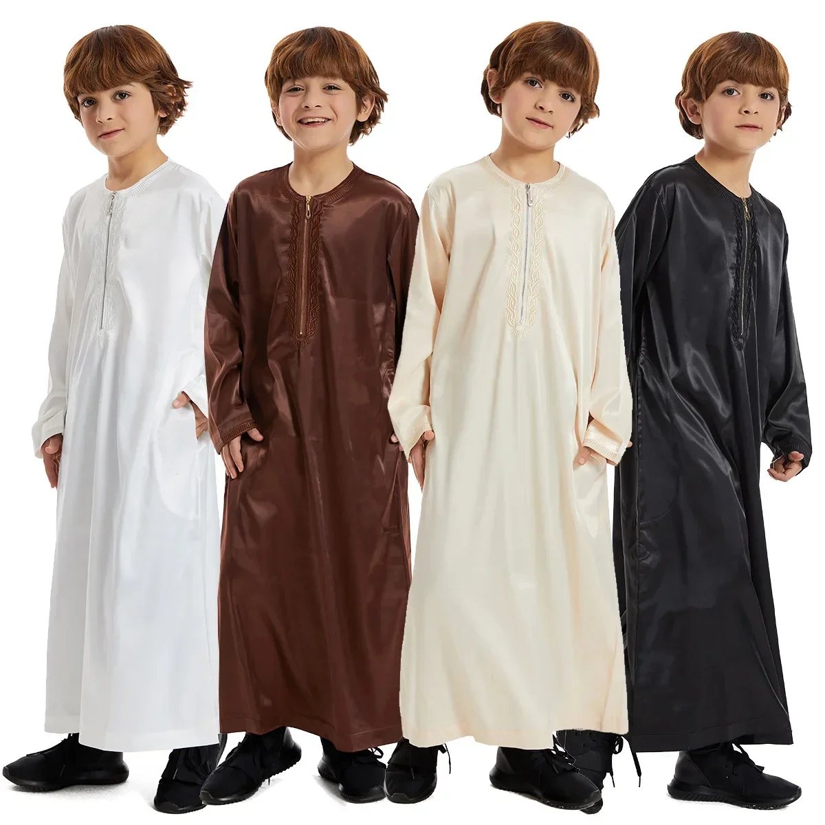 

Muslim Kids Boys Jubba Thobe Solid Half Zipper Abaya Arabic Islamic Middle Eastern Teen Long Sleeve Robe Ramadan Daffah Clothing