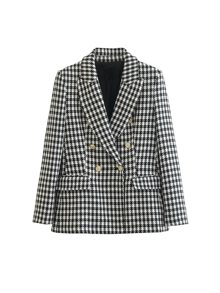 Traf Vrouwen Mode Double Breasted Houndstooth Blazer Jas Vintage Lange Mouw Flap Zakken Dames Bovenkleding Chic Vestes Pak