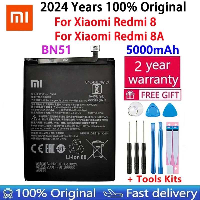 

2024 год, 100% оригинальный аккумулятор BN51 5000 мАч для Xiaomi Redmi 8 Redmi 8A Redmi8, сменные батареи, батарея, быстрая доставка