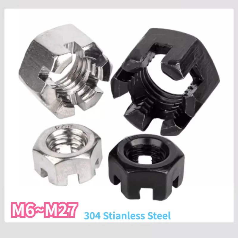 304 Stianless Steel Black Slotted Nut Hex Slotted Thin/Thick Nuts M6 M8 M10 M12 M16 M20 M24 M27 slotted Hex Fine Tooth nut