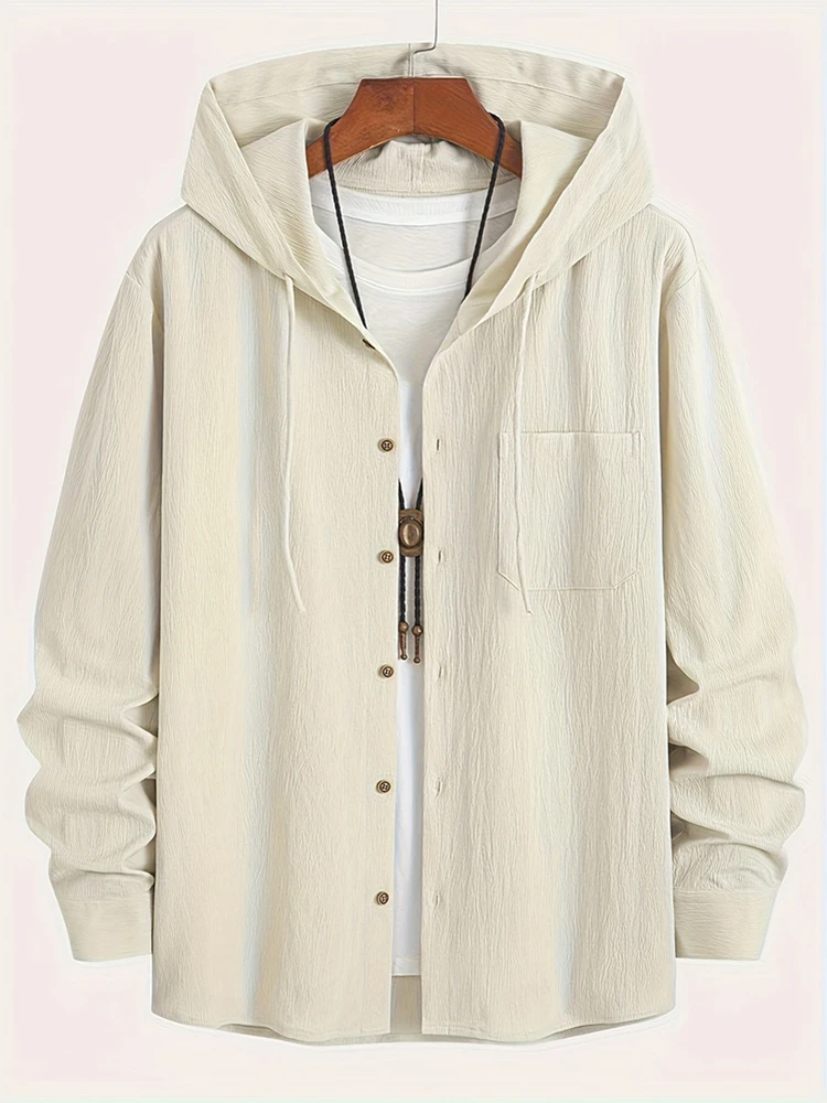 Stylish Mens Button-up Drawstring Hooded Tops Men Casual Texture Long Sleeve Hoodies Mens Spring Autumn Daily Leisure Cardigans