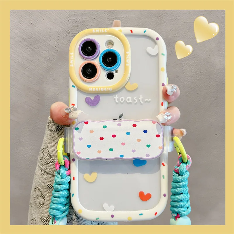 For iPhone 11 12 13 14 15 Phone Shell Colorful Love Heart Phone Case With Crossbody Back Clip And Hanging Rope Cell Phone Funda