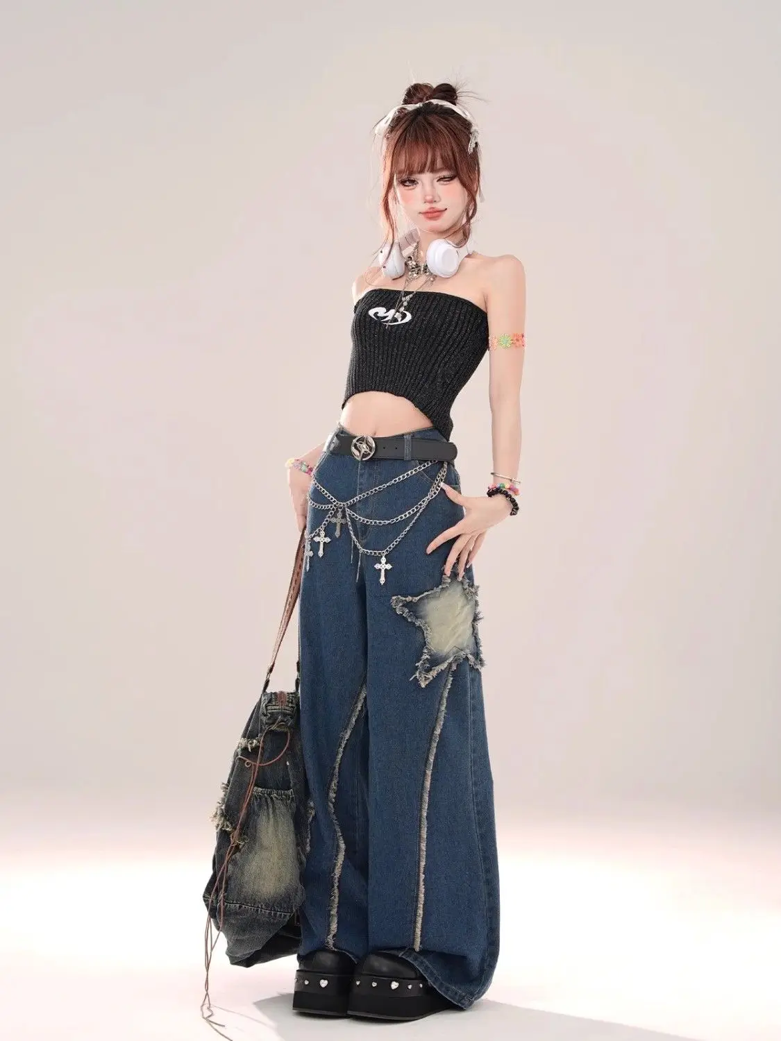 Denim Trousers Women\'s Wide Leg Jeans Street Cool Girl High Waist Baggy Pants Female Casual Straight