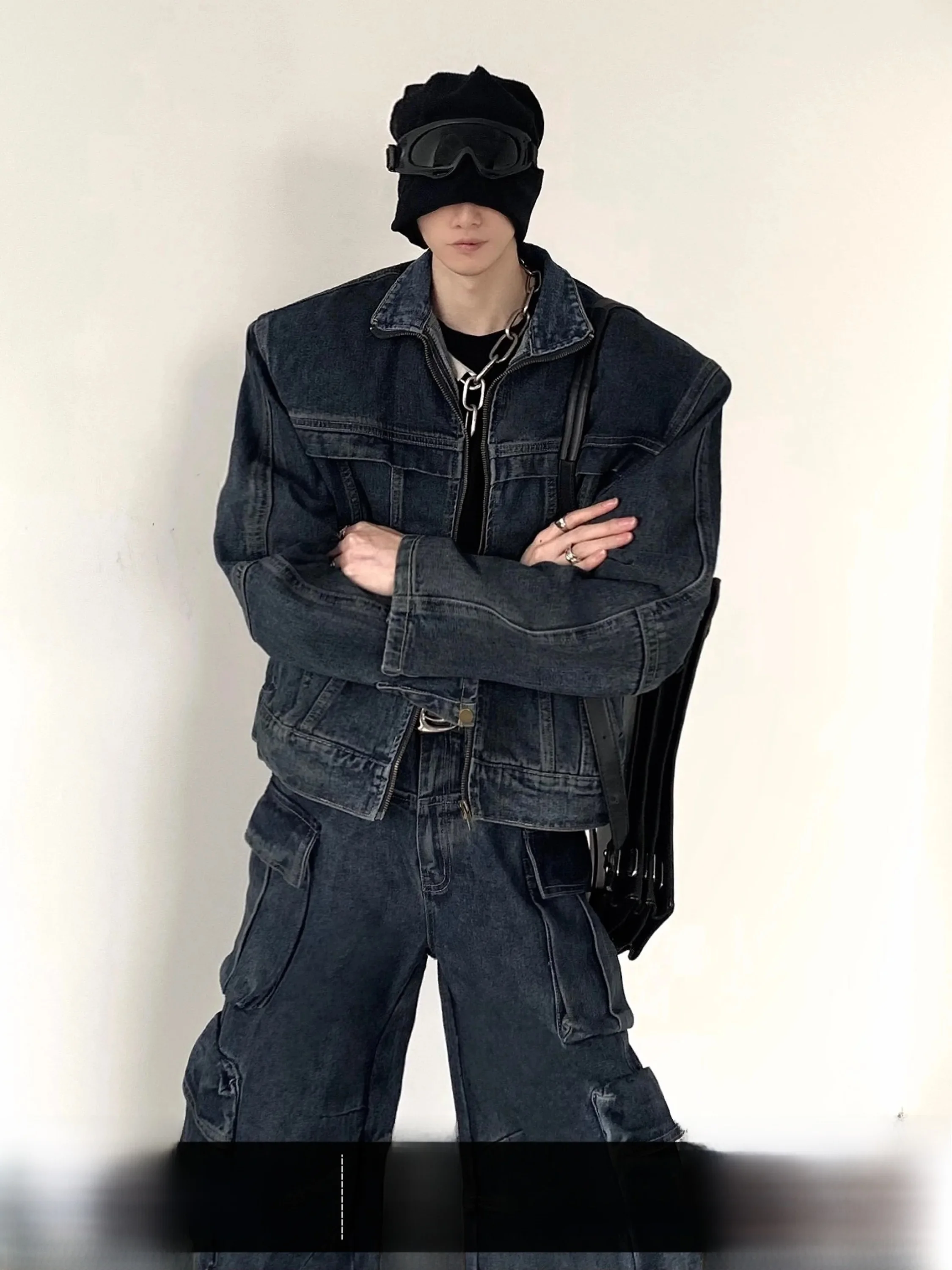 Retro Washed Deep Blue Denim Jacket And Pants Set Men's Premium Style Pad Shoulder Jacket Outerwear Loose Fit Spring Autumn W...