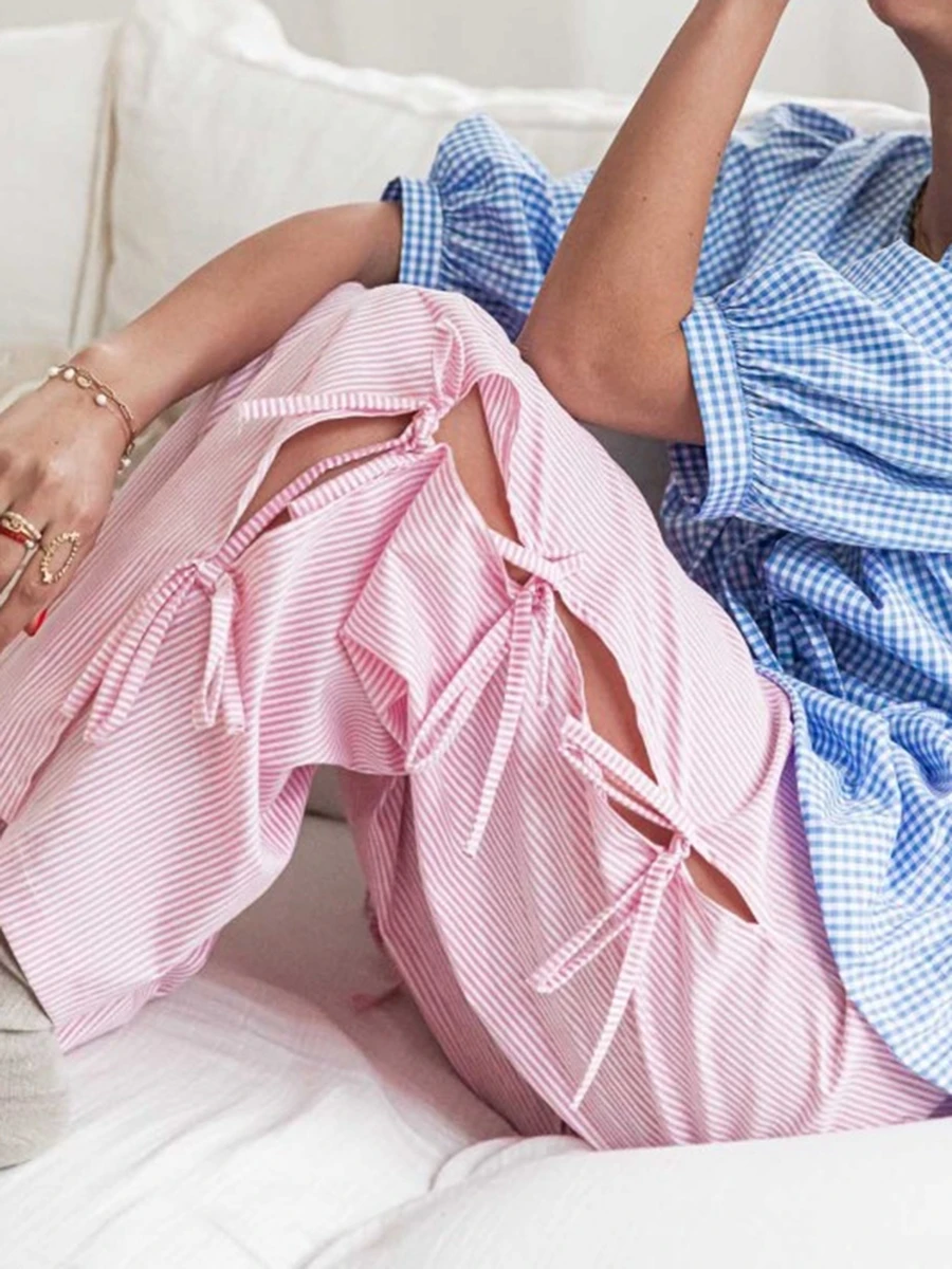 

Women Wide-Leg Pants Plaid/Stripe Print Side Tie-Up Loose Trousers Spring Summer Casual Sweatpants Bottoms Basics Versatility