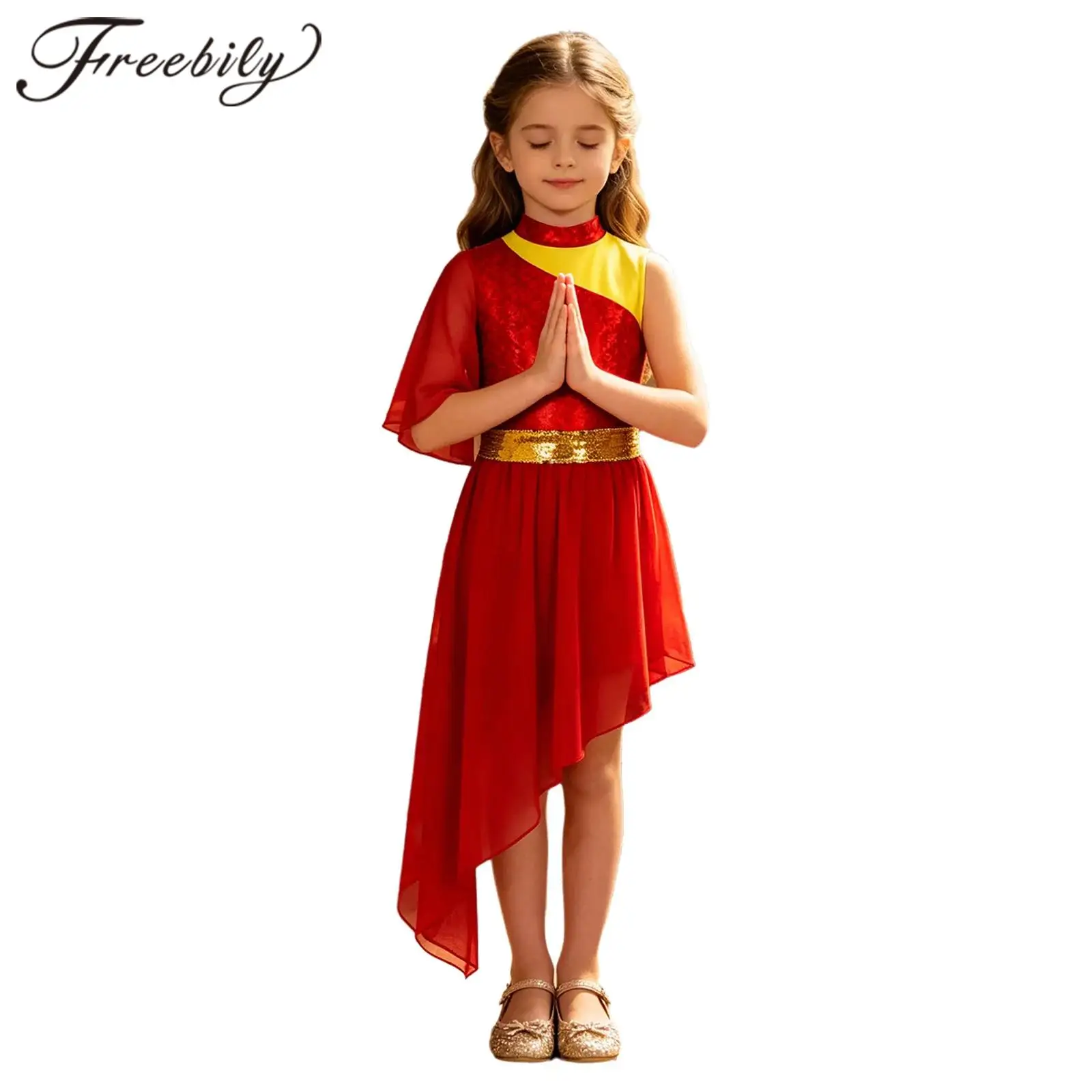 Kids Liturgical Dancewear Stage Performance Metallic Asymmetrical Dress Girls Praise Dress Worship Robe Lyrical Dance Costume