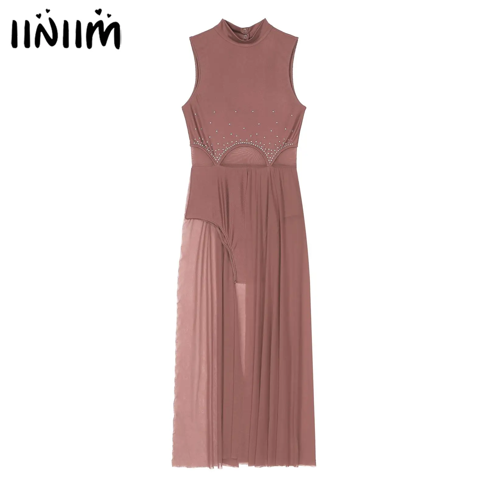 Femmes strass gymnastique patinage artistique Costume Ballet Jersey danse lyrique justaucorps robes maille fendu Tulle Maxi robe de bal