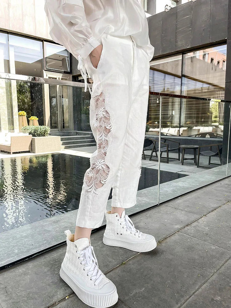 White Lace Cotton Pants Women's European Station 2023 New Summer Thin Hollow High Waist Cropped Casual Pants Female Trousers