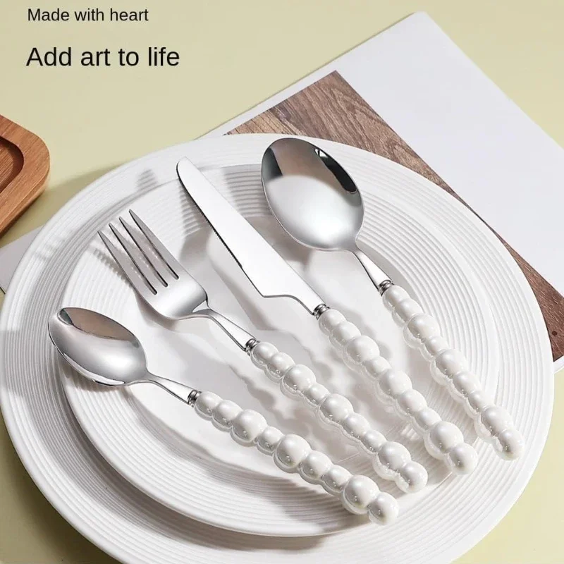 Chubby Bubble Pattern Ceramic Handle Cutlery - 4-Piece Stainless Steel Flatware Knife Fork Spoon for Dinner Table