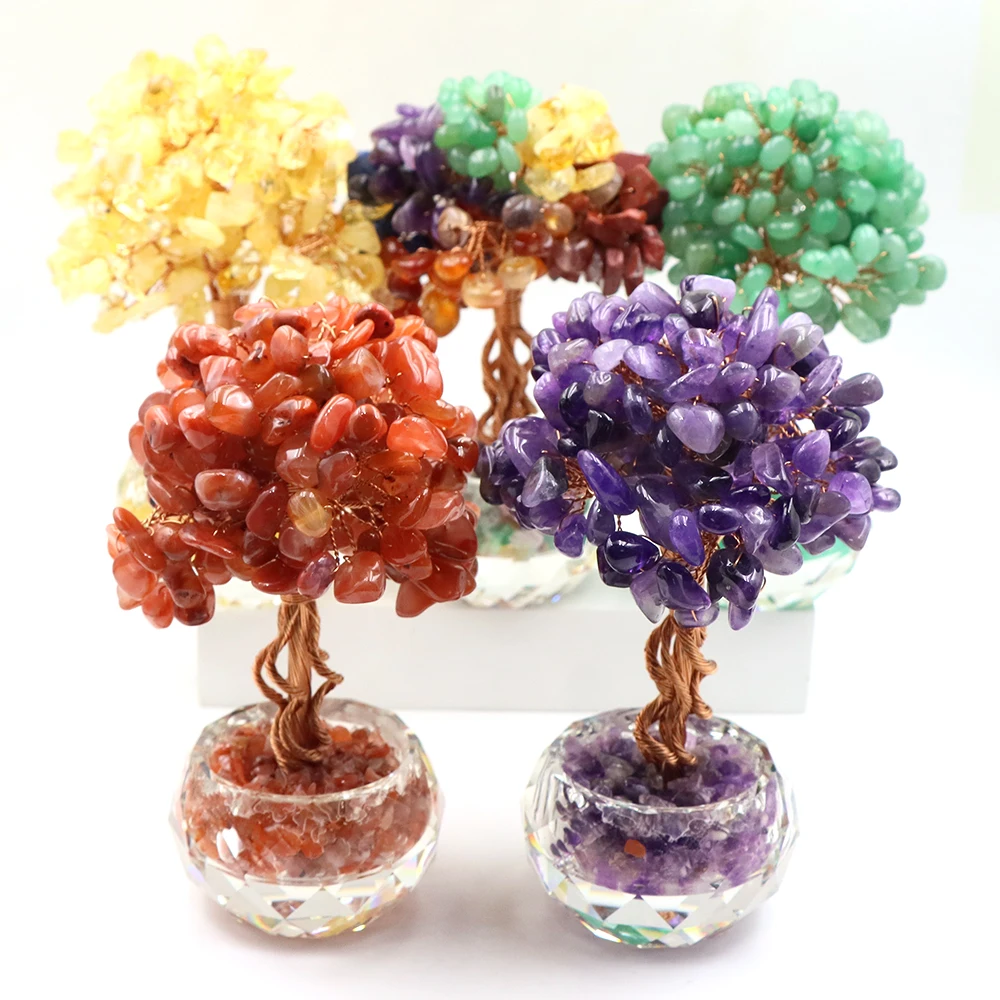 140mm Natural Stone Healing Crystal Money Tree With Cut Glass Base Reiki Energy Ornament Home Desk Spiritual Decor Gift Crafts