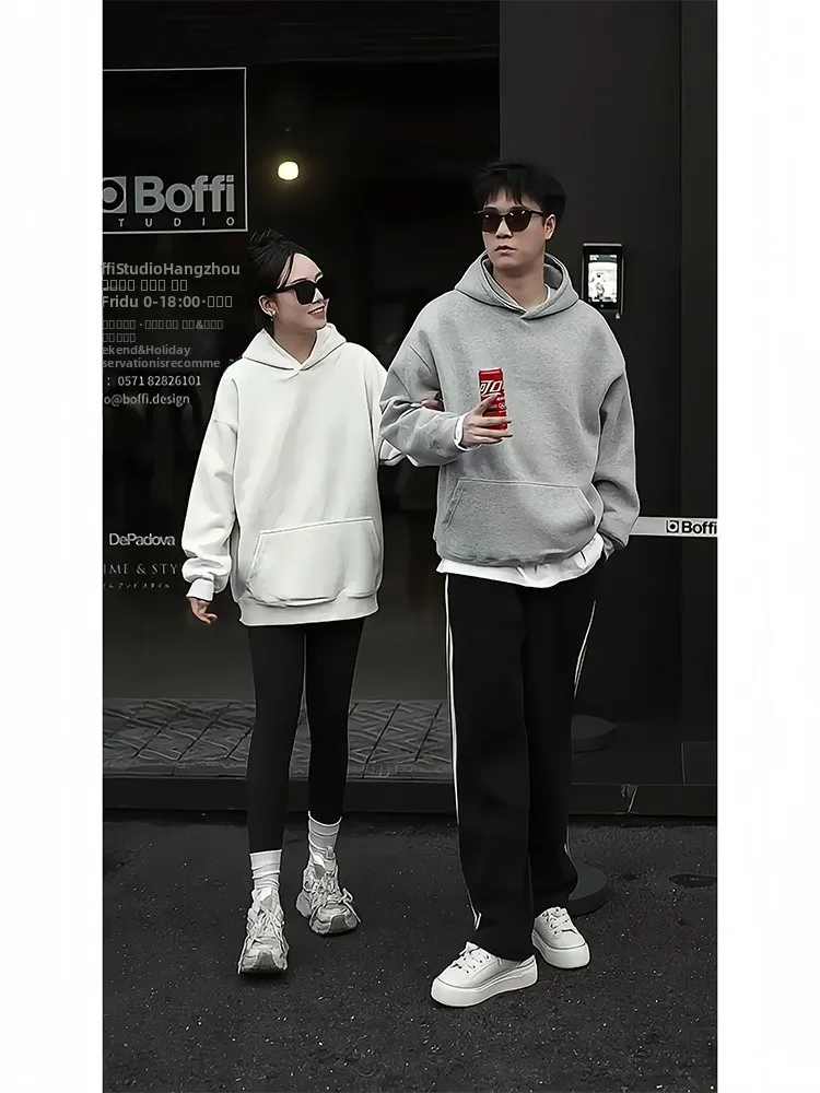 

Heavyweight Fleece Lined Hoodie Couple's Autumn Winter Thickened Basic Style Men's Color Inner Hat Sweatshirt