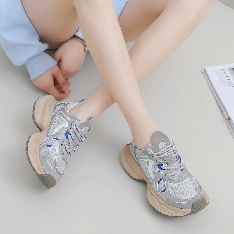 

Krasovki 5.5cm Air Mesh Genuine Leather Platform Wedge Breathable Women Summer Hollow Chunky Sneakers Shoes Walking Mixed Color