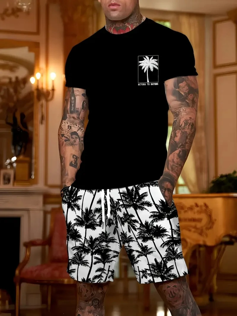 New Hawaiian Men's Beach T-shirt Shorts 2-piece Set Coconut Print Short Sleeve and Shorts Clothing Summer Holiday Men's Clothing