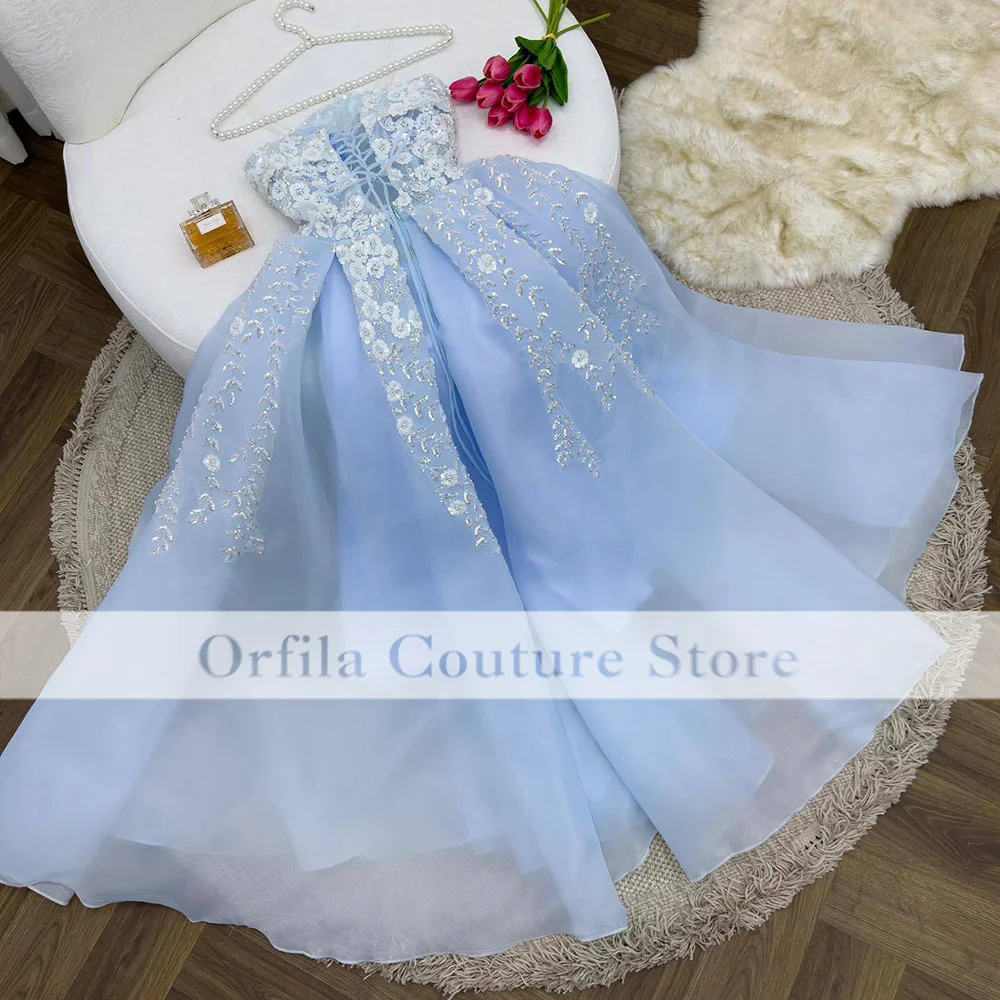 Light Blue Evening Dresses For Women 2025 Strapless Saudi Arabic Girls Short Prom Gowns Occasion Reception Party Dress
