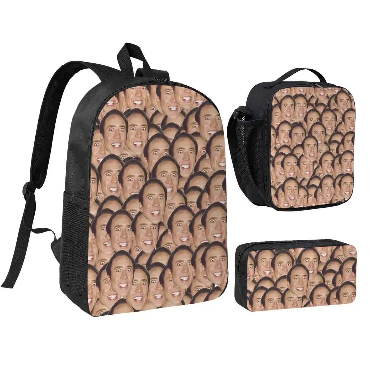 Nicolas Cage Meme Backpack Student Boys Girls BookBag School Bag Computer Shoulder Bags 3ps Insulated Lunch Bag Pencil Case