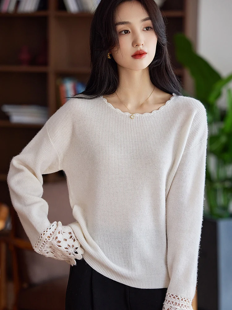

Новый женский пуловер с круглым вырезом и манжетами, полый крючок с цветком, свитер из 100% мериносовой шерсти, кашемировый трикотаж с длинными рукавами, осенне-зимние шикарные топы