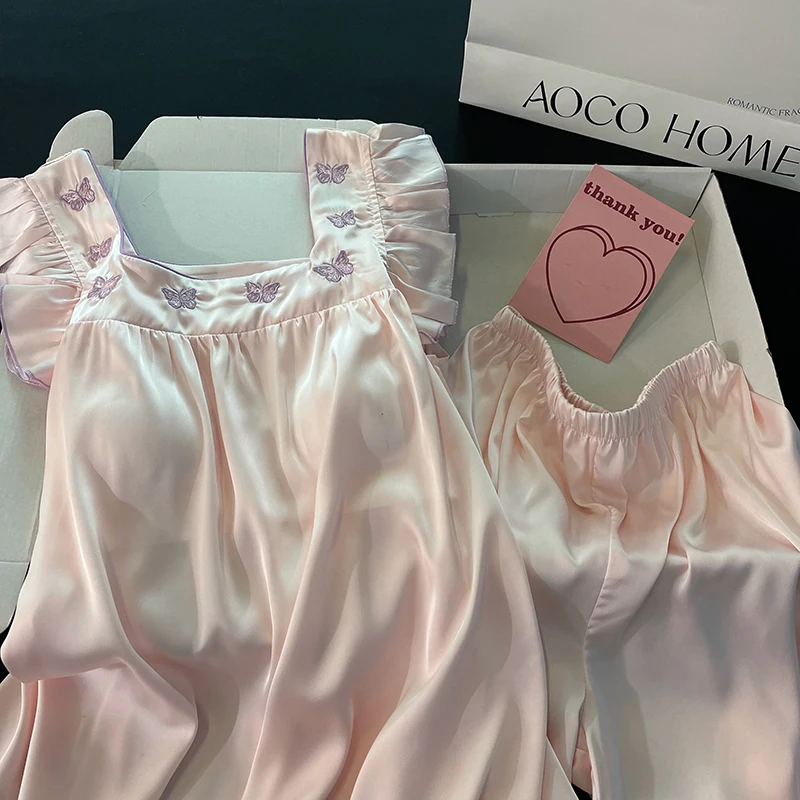DAIMELU Pink butterfly pajamas girls new summer ice silk cool small fly sleeves sweet sexy suspender shorts loungewear