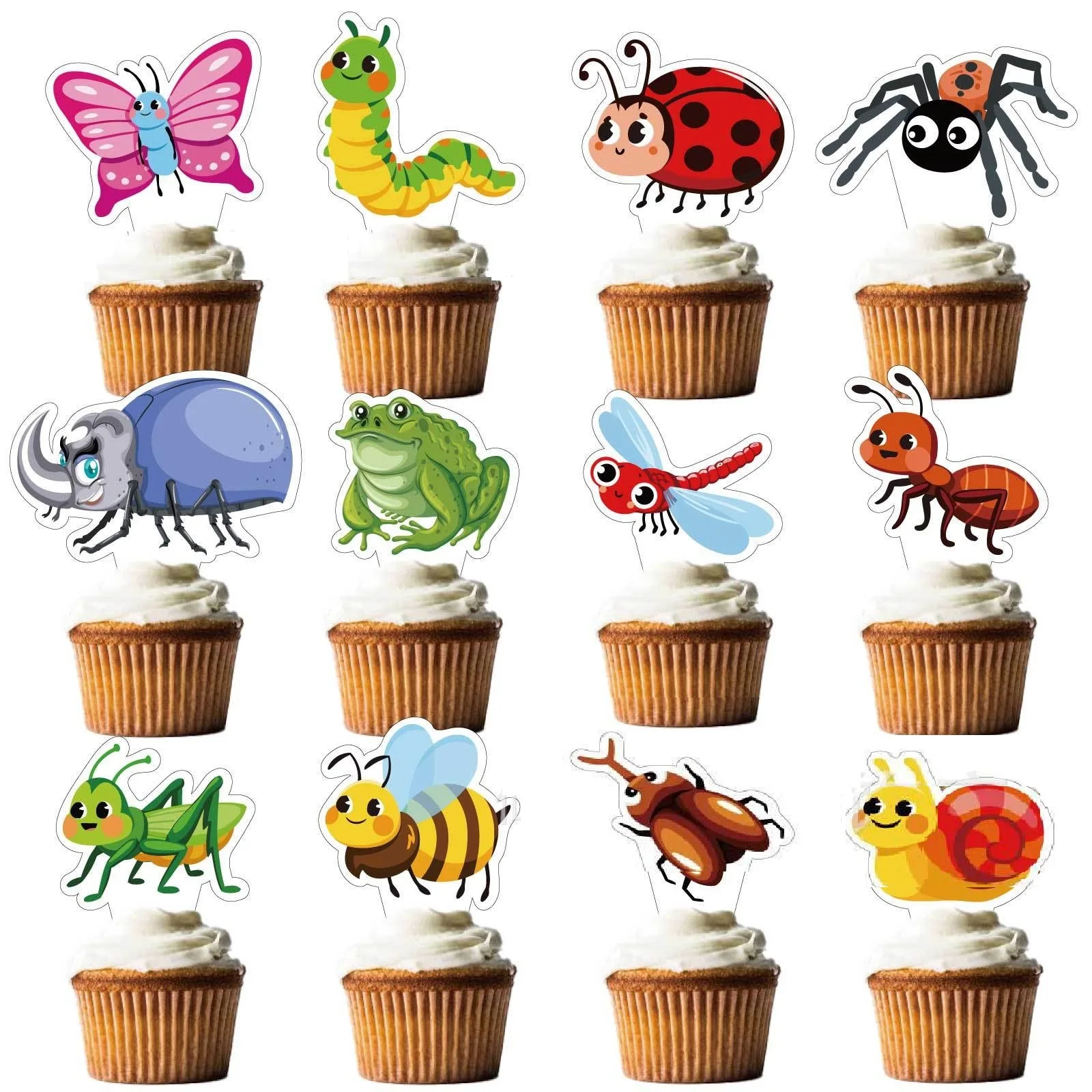 Insect Theme Children Birthday Party Decoration, Insect Cake Toppers,Ladybug Snail Bee Butterfly Caterpillar Cake Insert,12pcs