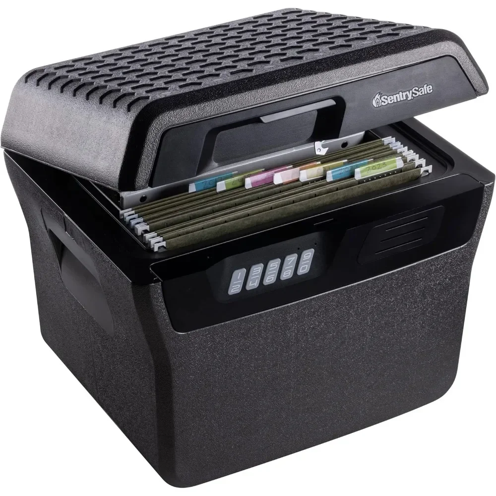 

charcoal gray waterproof and fireproof safe, lock box with keypad for documents and hanging file folders, exterior: 14.1 x 16.6