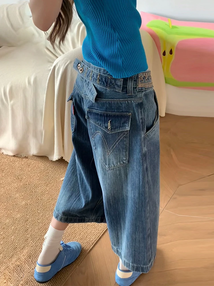 

Retro Distressed American Style Women's Jeans Adjustable Button Seven-Foot Summer Fashion Paris Design Sense Casual Loose Fit