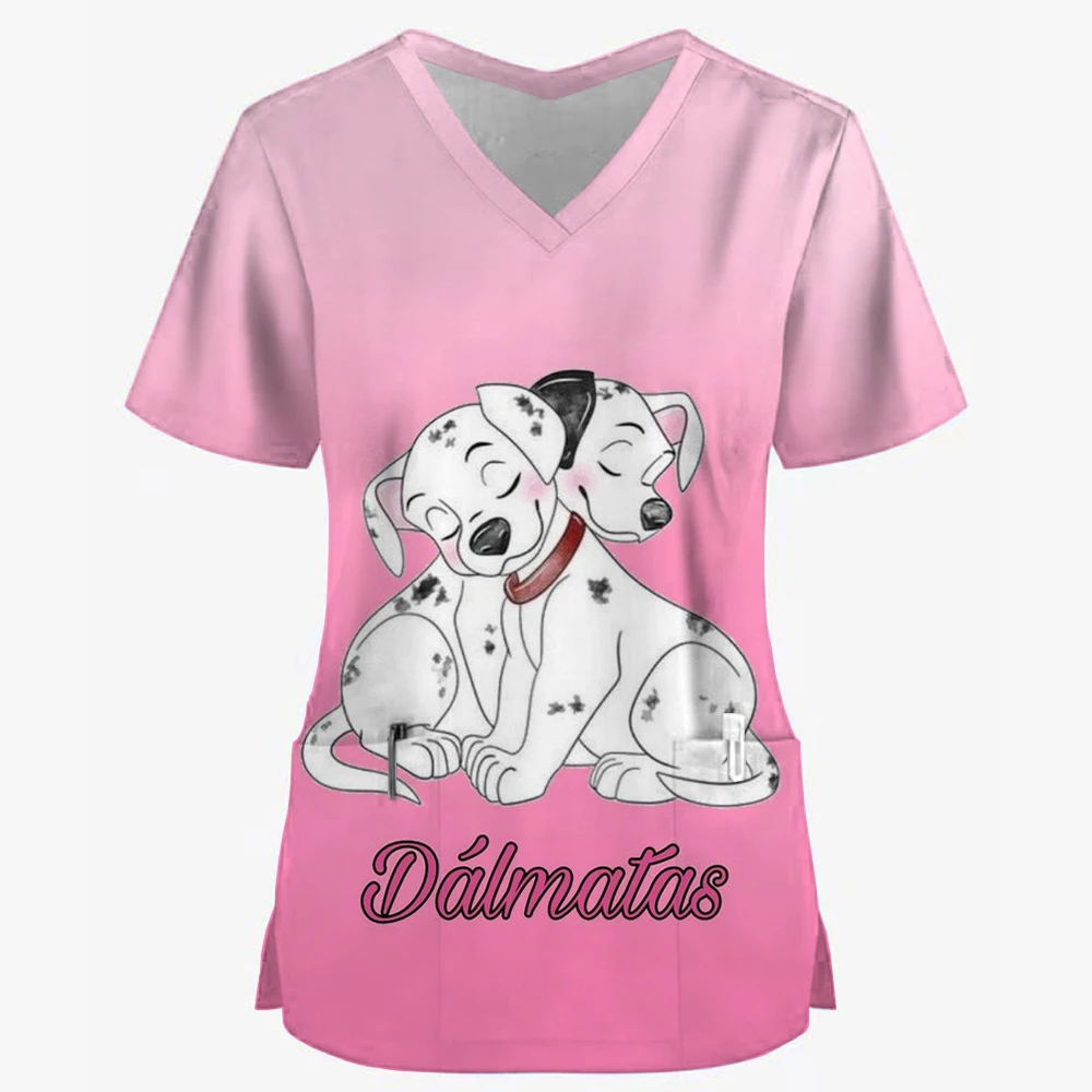 Nurse Uniforms Women Disney 101 Dalmatians Dog Short Sleeve V-neck Scrubs Working Medical Blouse Overalls Uniforms Medical Nurs