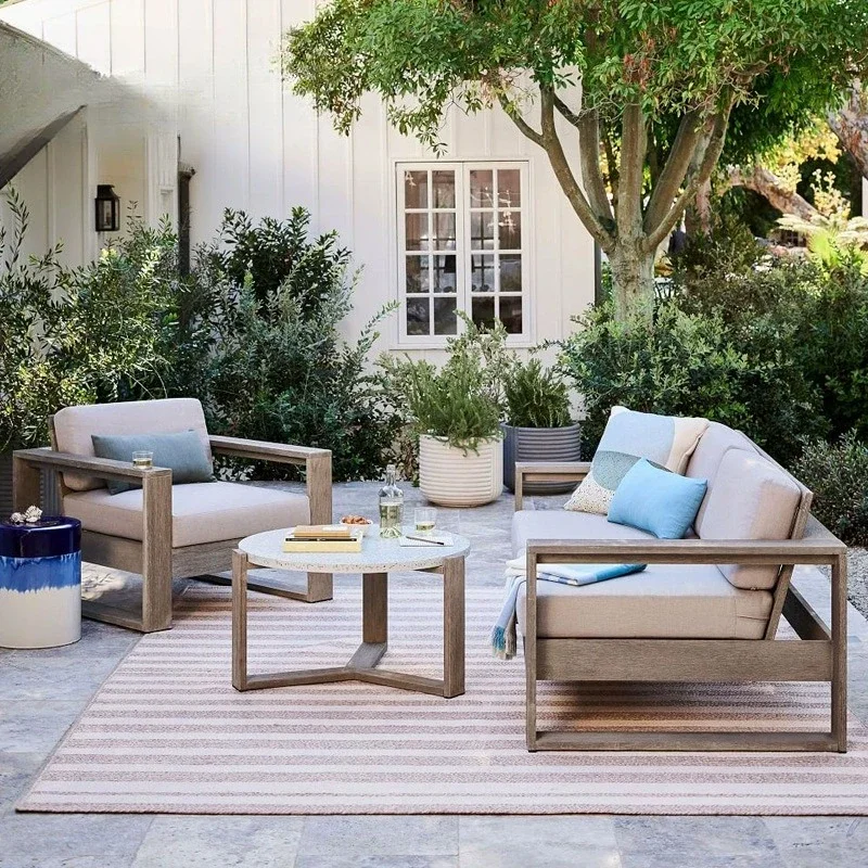 Outdoor villa courtyard sofa high-end teak furniture three-piece leisure hotel bed and breakfast rainproof