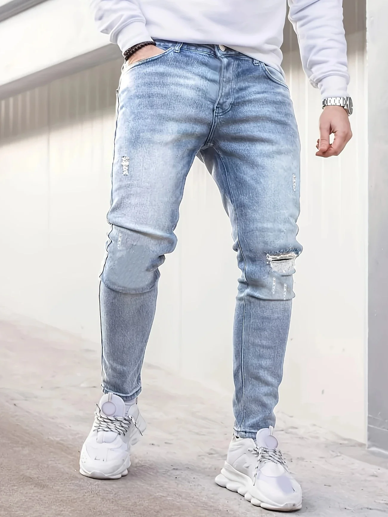 

Men's Stretch Slim Fit Jeans, Light Blue Washed Ripped Skinny Denim Pants, Casual Streetwear Distressed Trousers,