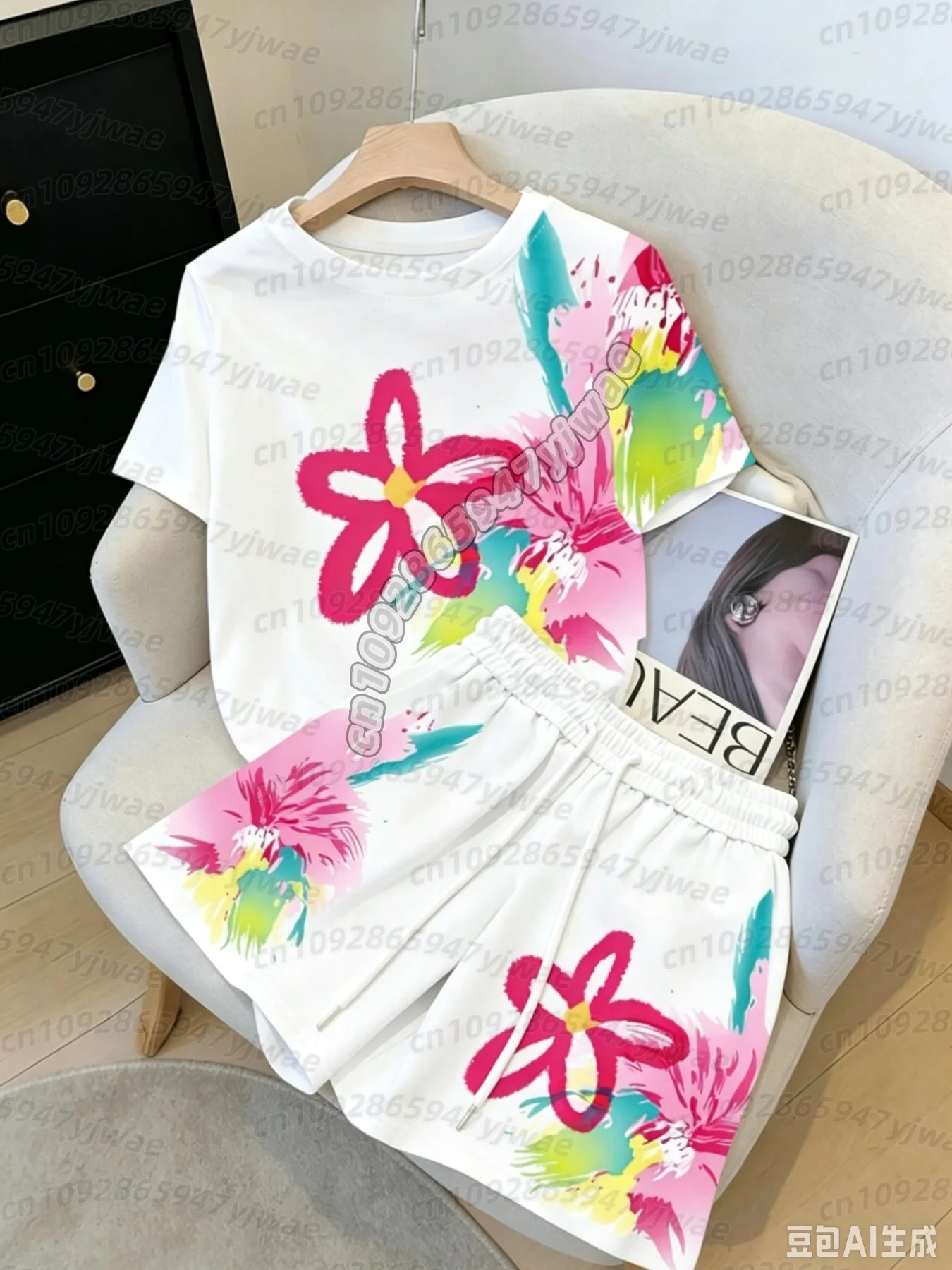 26 Damen Kunstjeans & Streifenmuster Jersey T-Shirt Anzug Damen Herren T-Shirt + Shorts Damen Trainingsanzug 2-teiliges Set Damen Trainingsanzug – Detail 18