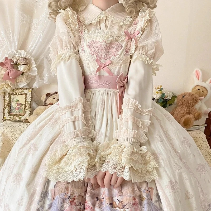 Japanse Gothic Y2k Lolita Stijl Shirts Vrouwen Vintage Elegante Afneembare Lange Mouwen Blouses Victoriaanse Zoete Ruches Slim Tops