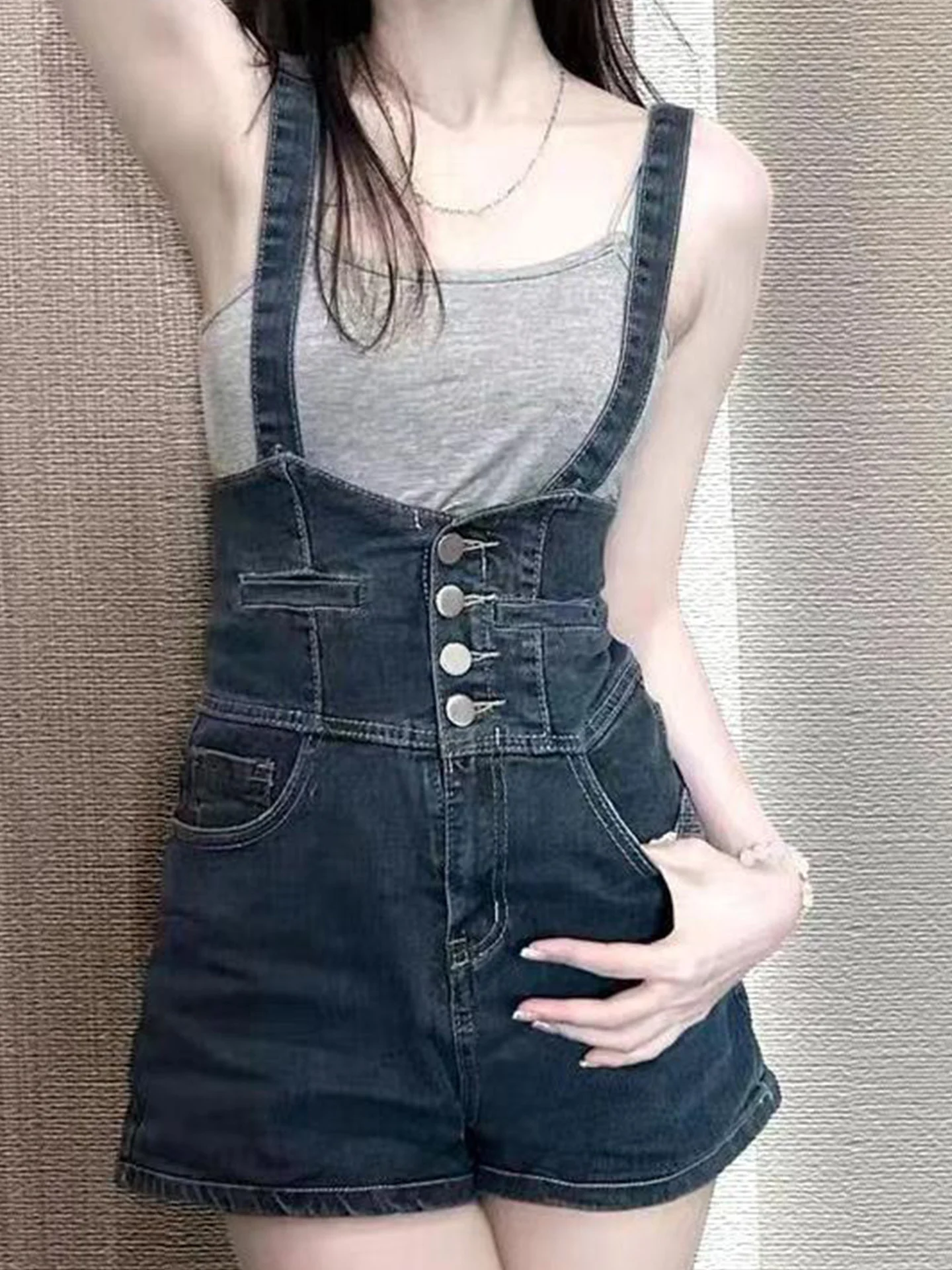 Slimming High Waist Denim Overalls Women's Trendy Wide Leg Strap Shorts American Style Spring Summer  Color Casual Jeans