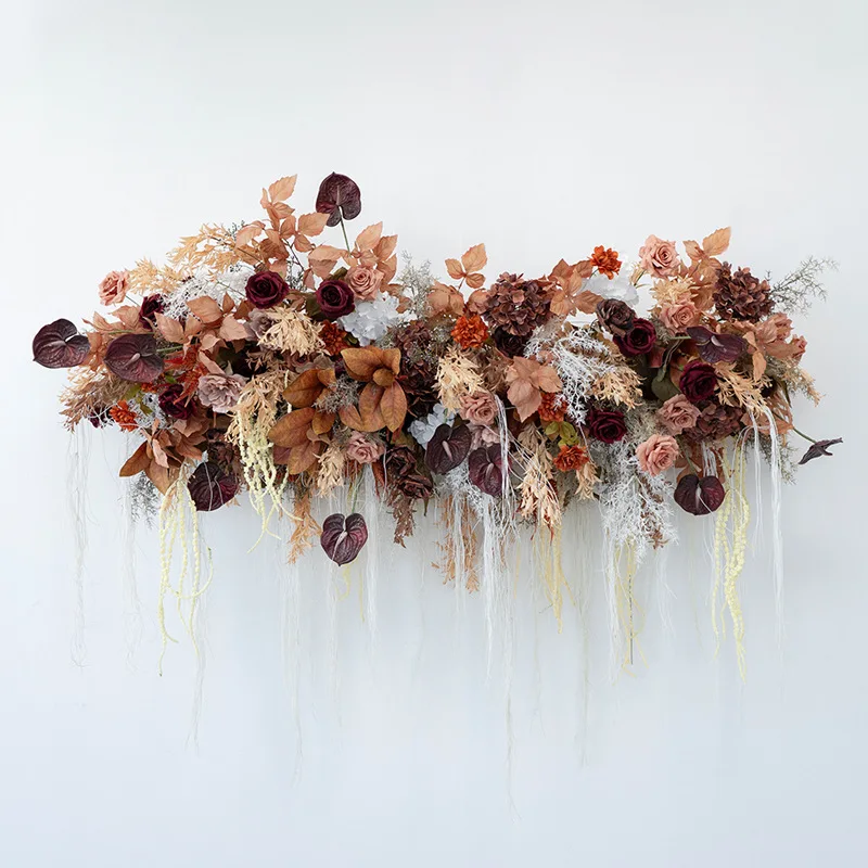 brown fake flower wall hanging flower row flower, store wall beautiful decoration photography background arrangement