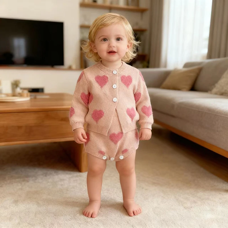 

Autumn Winter Toddler Baby Girls Clothes Knit Suit Long Sleeved Knitted Embroidered Cardigan+Jumpsuit Children Knitted Clothing