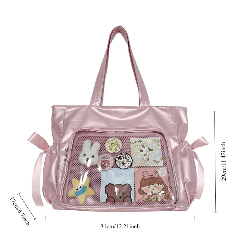 Nylon Ribbon Bow Double Side Tote Bag Large Capacity Shoulder Bag Women Cute Ruched Casual Comic Badge Storage Underarm Bag