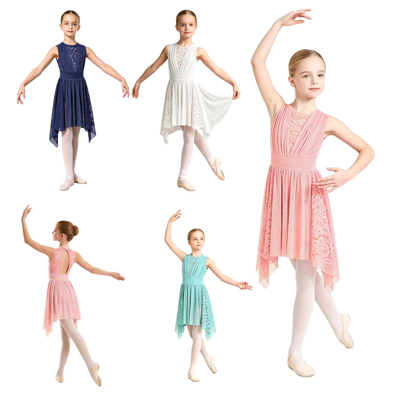 Kids Girls Lyrical Dance Performance Costume Floral Lace Sleeveless Cutout Back Ruched Front Shimmery Mesh Dress Skirted Leotard
