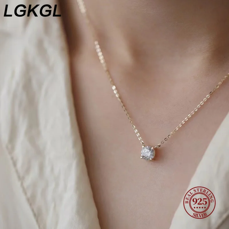 LGKGL-925 Sterling Silver 18K Banhado A Ouro Colares, Feminino Zircão Clavícula Cadeia, Versátil Único Espumante Colares, Coleiras De Casamento, 6mm