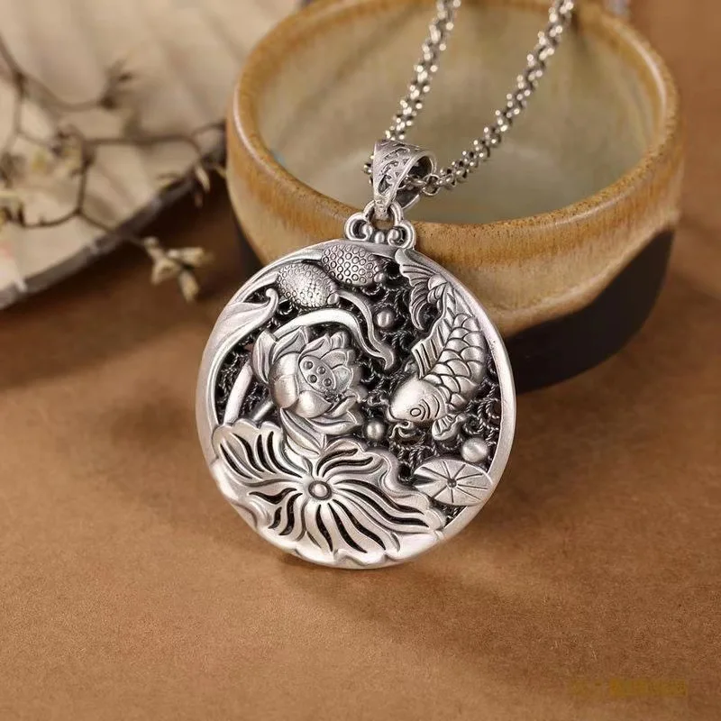 Carp Lotus Flower Hollow Out Pendant Vintage and Archaic Rhyme Chinese Style Round Necklace Jewelry for Men and Women Gift