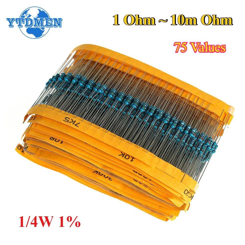 1500 Stück Metallschichtwiderstände, 1/4 W, 1 % Widerstand, 75 Werte, 1–10 m Ohm, 0,25 W Widerstand, sortierte Kit-Pack-Proben