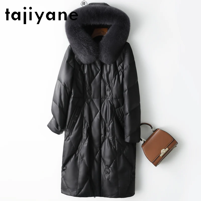 TAJIYANE 100 % erstklassiger Schaffell-Daunenmantel für Damen, schwarz, echtes Leder, lange Pufferjacke, Fuchspelzkragen, 2025, Winterkleidung