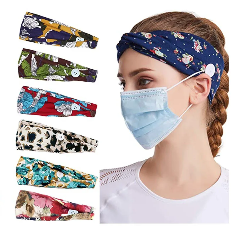 Brand Women\'s Floral Headband Casual Cotton Stretchy Headwrap for Girls Fashion Button Headband Face Mask Holder Ear Protectiion