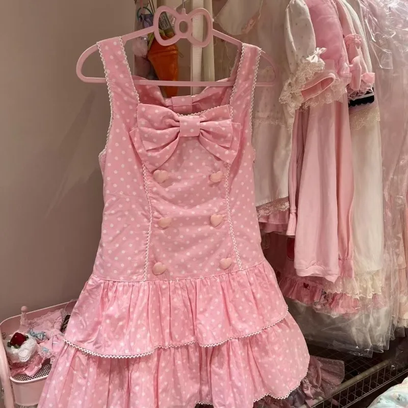 

Sweet Pink Dress Women's Kawaii Bow Splicing A-line Sundress Femme Polka Dot Double-breasted Japanese Lolita Cake Dresses