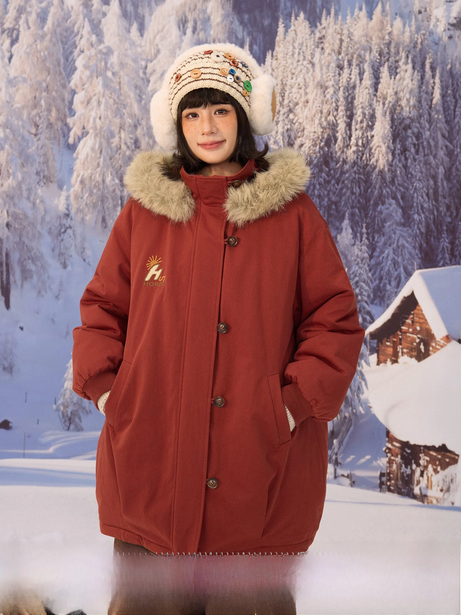 

Retro New Year's Cotton Jaet with Large Fur Collar And Embroidery Warm Hooded Coat for Women Casual Loose Fit Long Sve