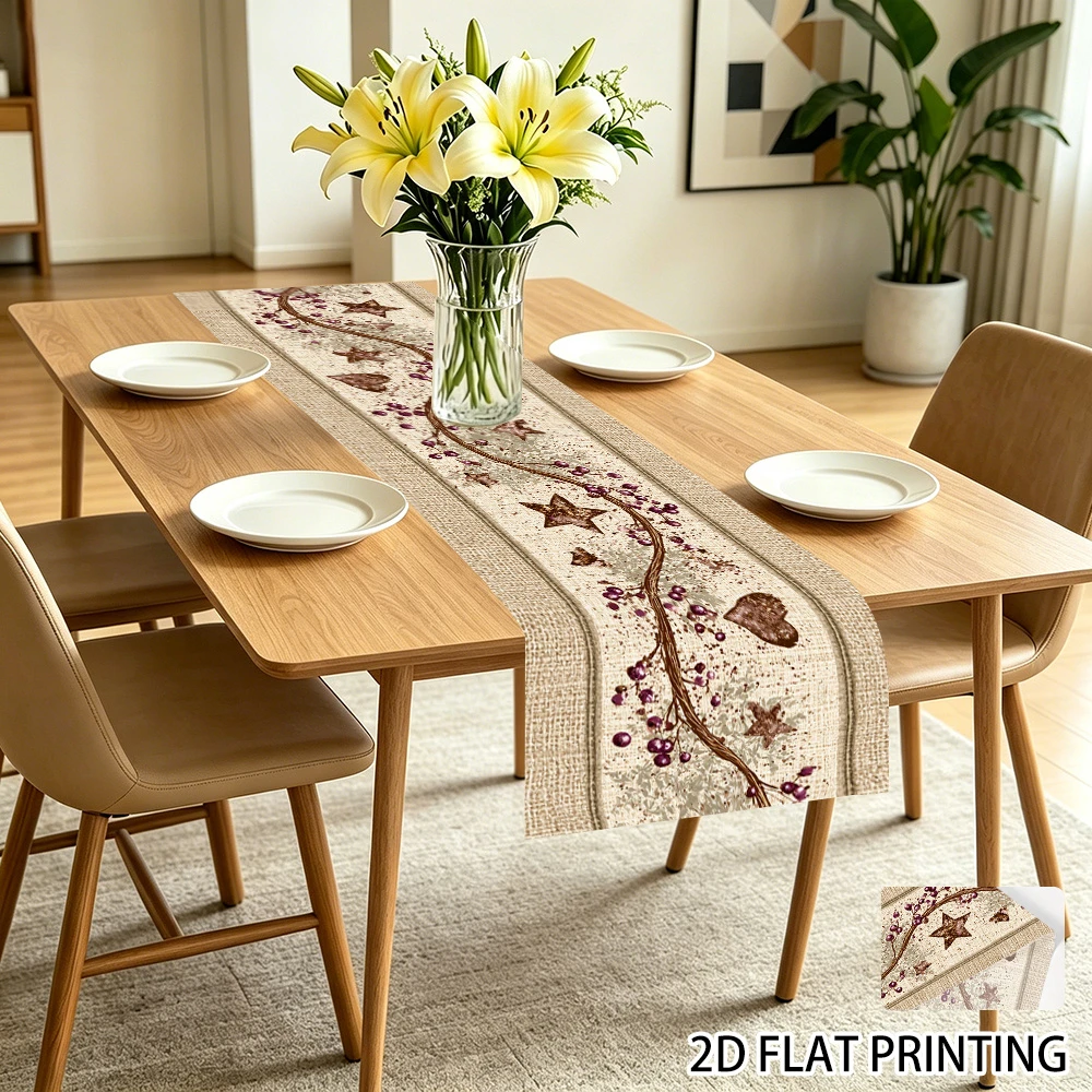 1pc Rustic Star & Berry Branch Table Runner 2D Flat Printed Farmhouse Dining Table Decor for Home Kitchen