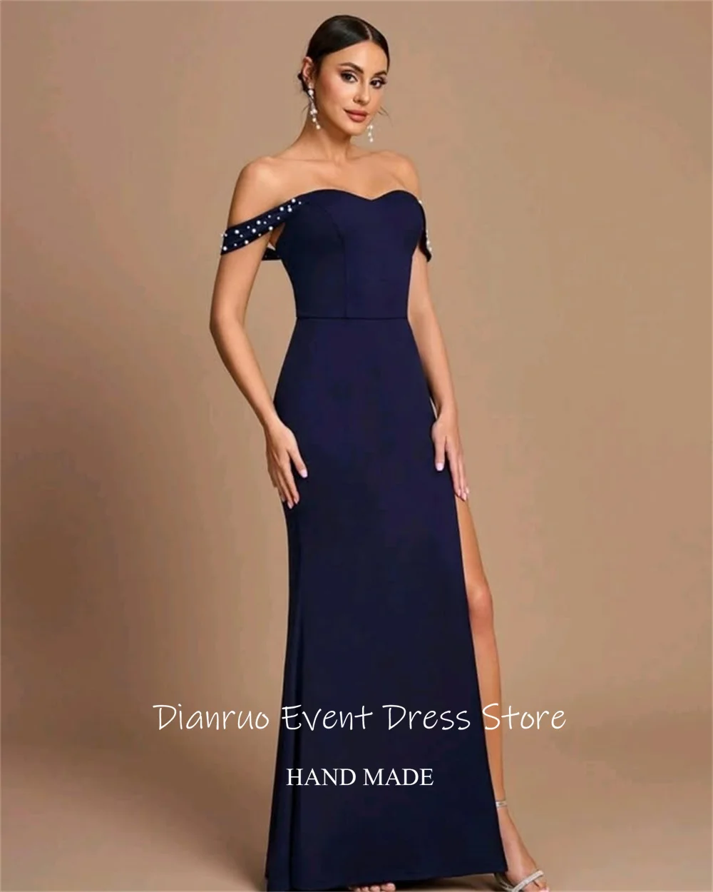 Dianruo azul marinho vestidos de noite vintage fora do ombro vestido de festa alças frisadas vestido de fenda lateral para mulher 2025 personalizado