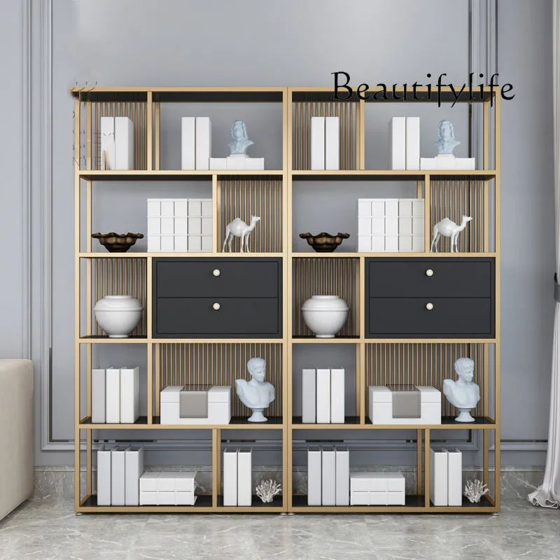 Nordic light luxury wrought iron storage floor study multi-layer storage bookshelf office with drawer display shelf